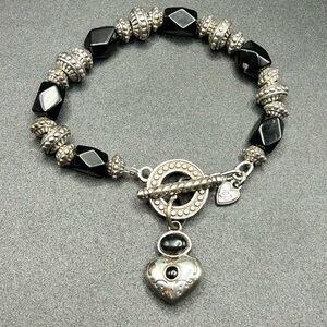 Brighton silver tone and black breaded bracelet #K14 toggle clasp heart charm